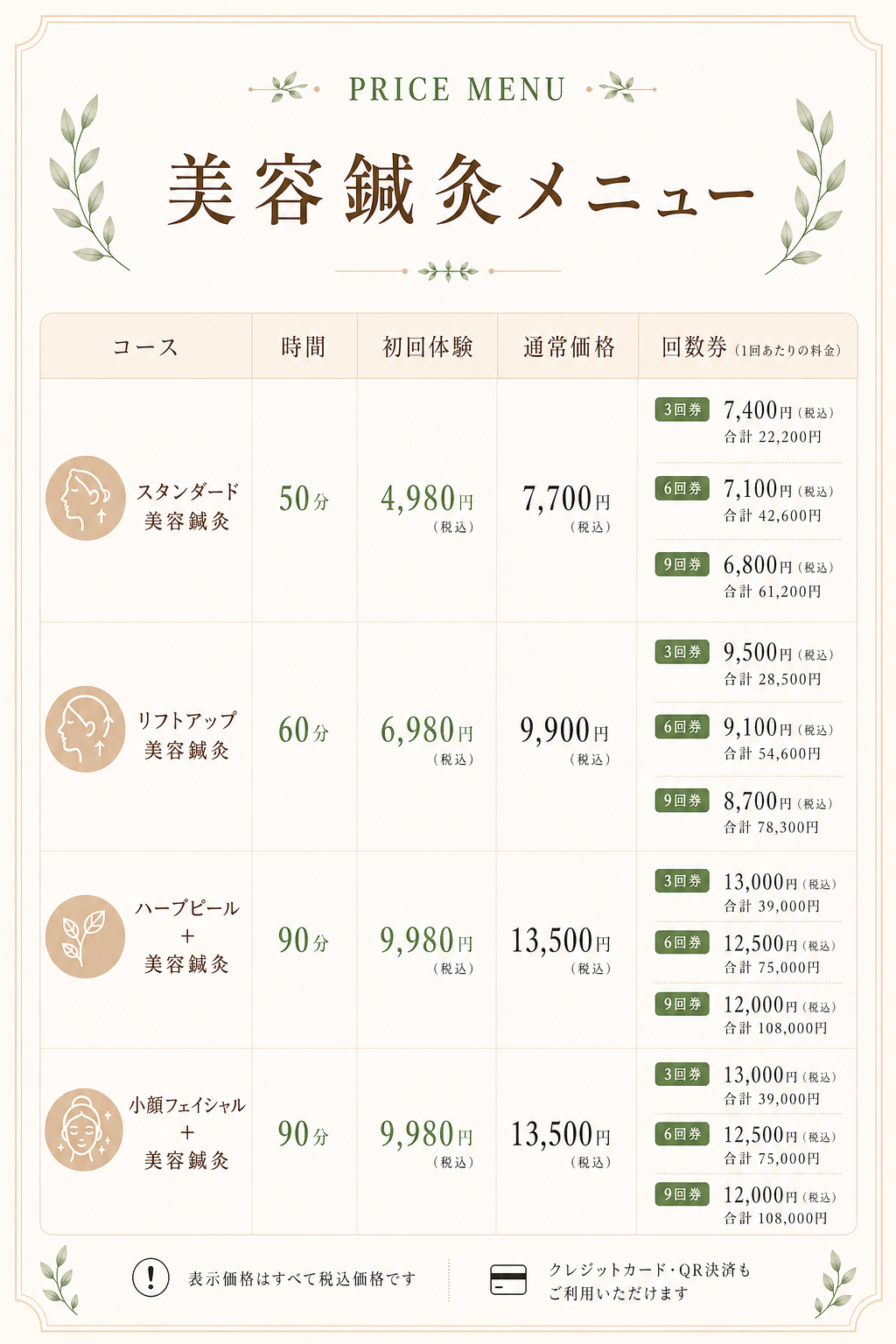 美容鍼灸 料金一覧